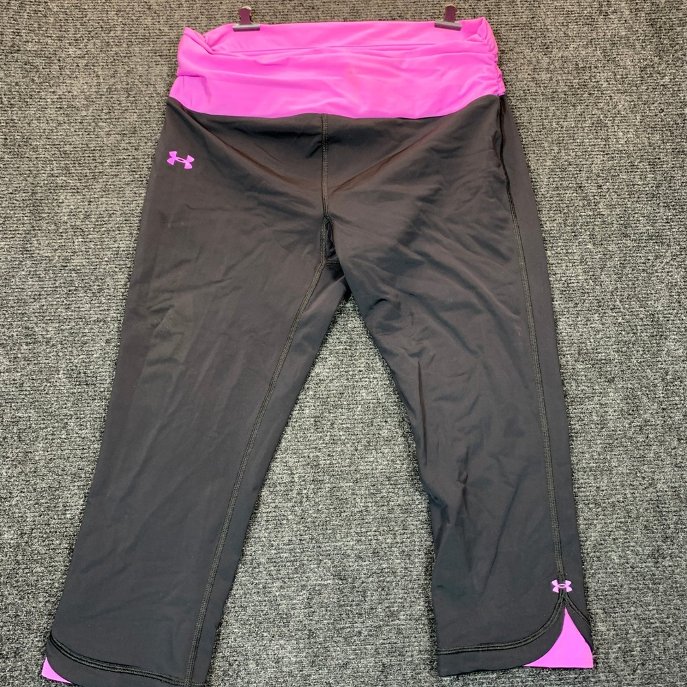 Under Armour HeatGear Capri Leggings Womens M Black Pink Ruched Athletic